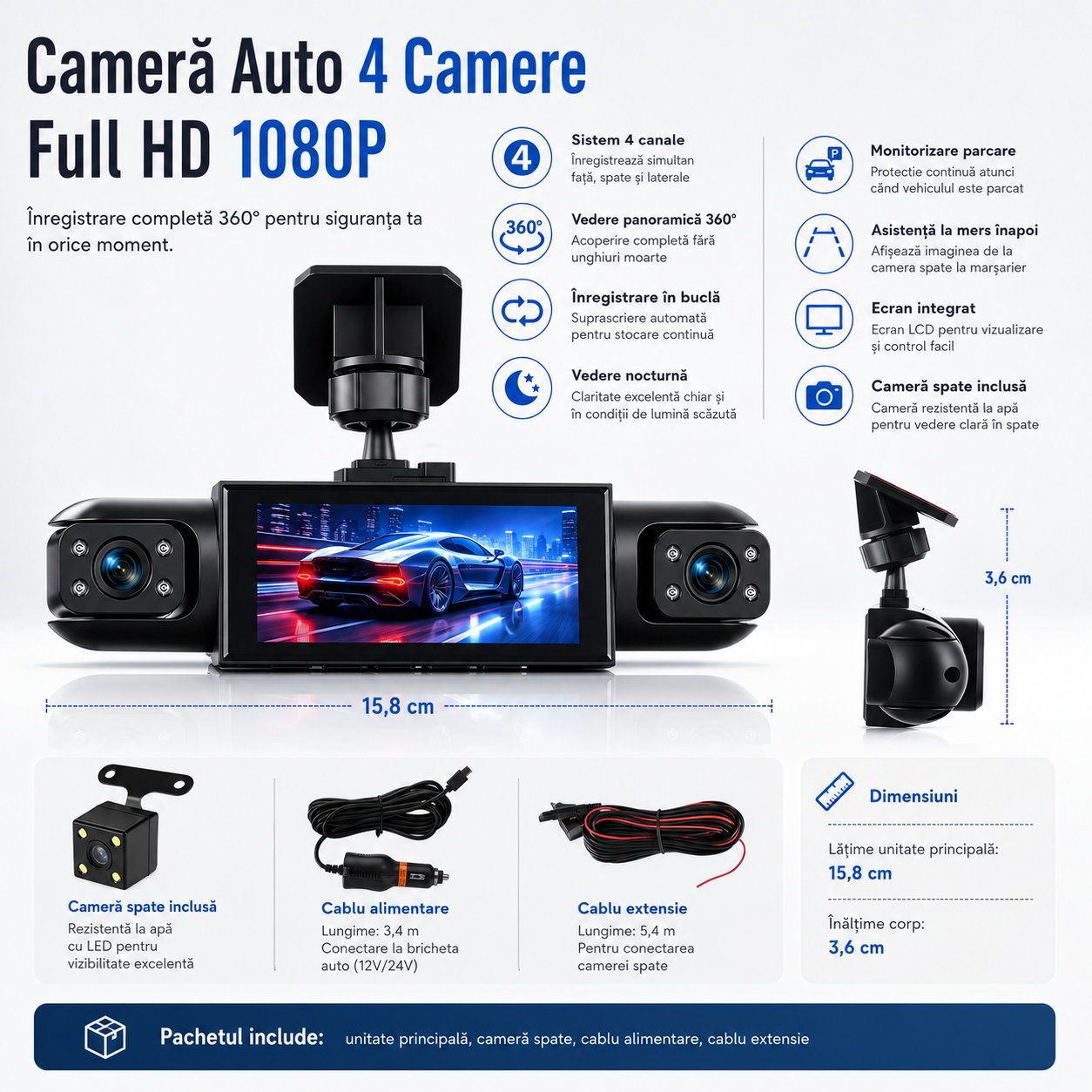 DriveView 360 Pro – Cameră Auto 4 Canale Full HD 1080P cu Vedere Panoramică, Monitor Parcare și Înregistrare în Buclă