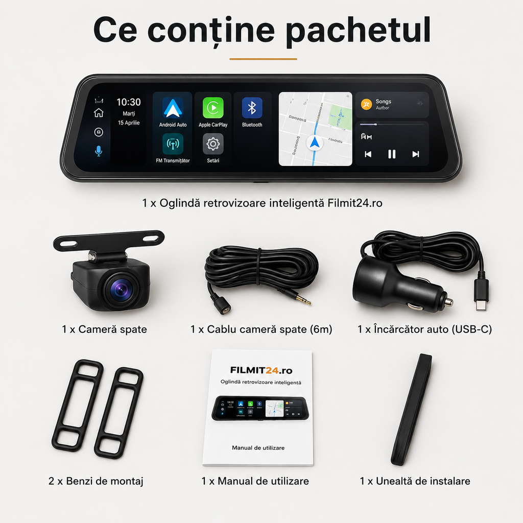 DriveMirror Pro 9.36” – Oglindă Auto Smart cu Wireless CarPlay, Android Auto și Cameră Față-Spate