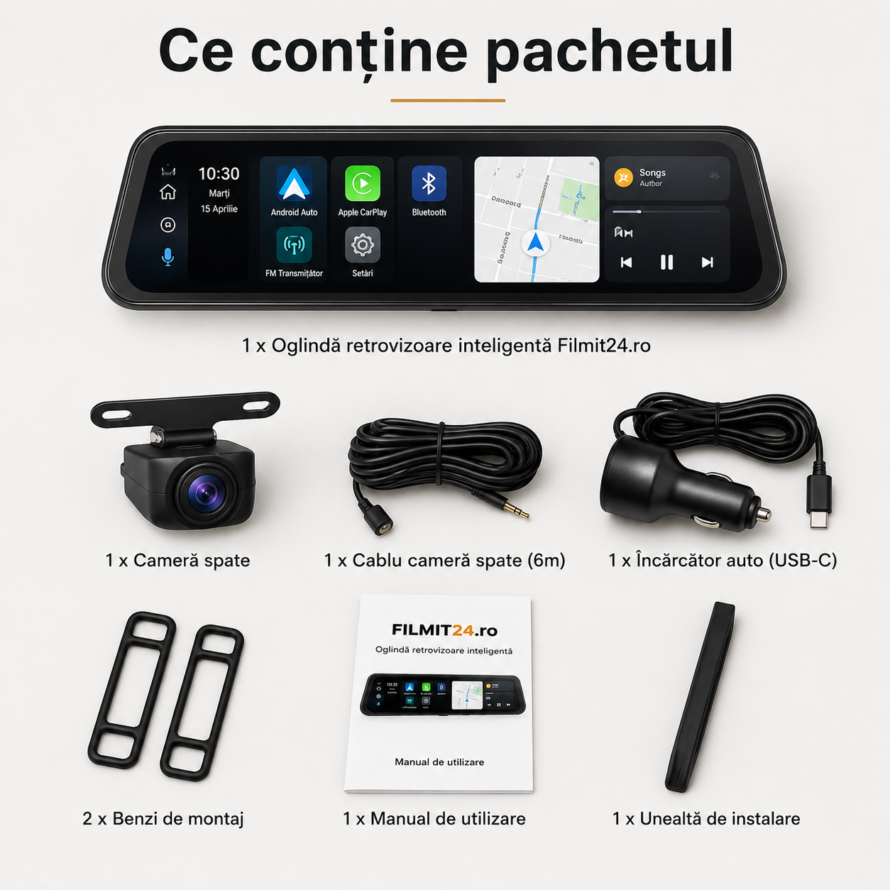 DriveMirror Pro 9.36” – Oglindă Auto Smart cu Wireless CarPlay, Android Auto și Cameră Față-Spate