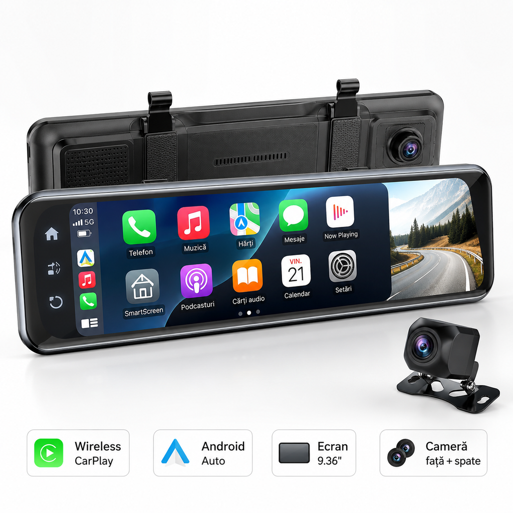 DriveMirror Pro 9.36” – Oglindă Auto Smart cu Wireless CarPlay, Android Auto și Cameră Față-Spate