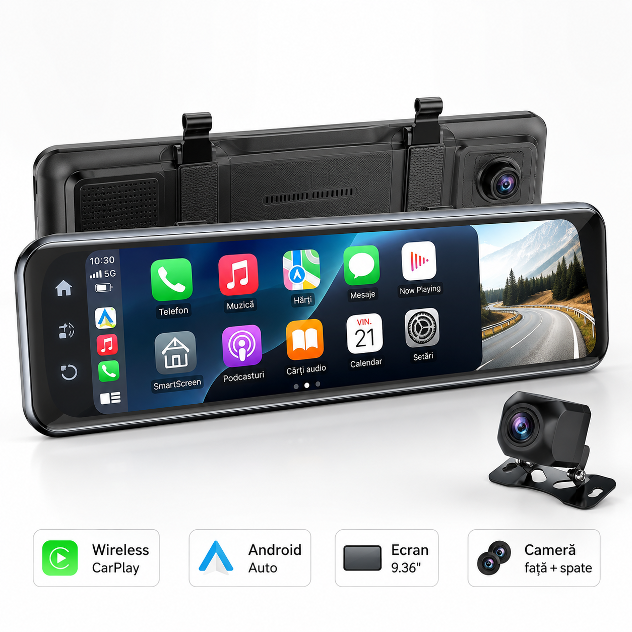DriveMirror Pro 9.36” – Oglindă Auto Smart cu Wireless CarPlay, Android Auto și Cameră Față-Spate