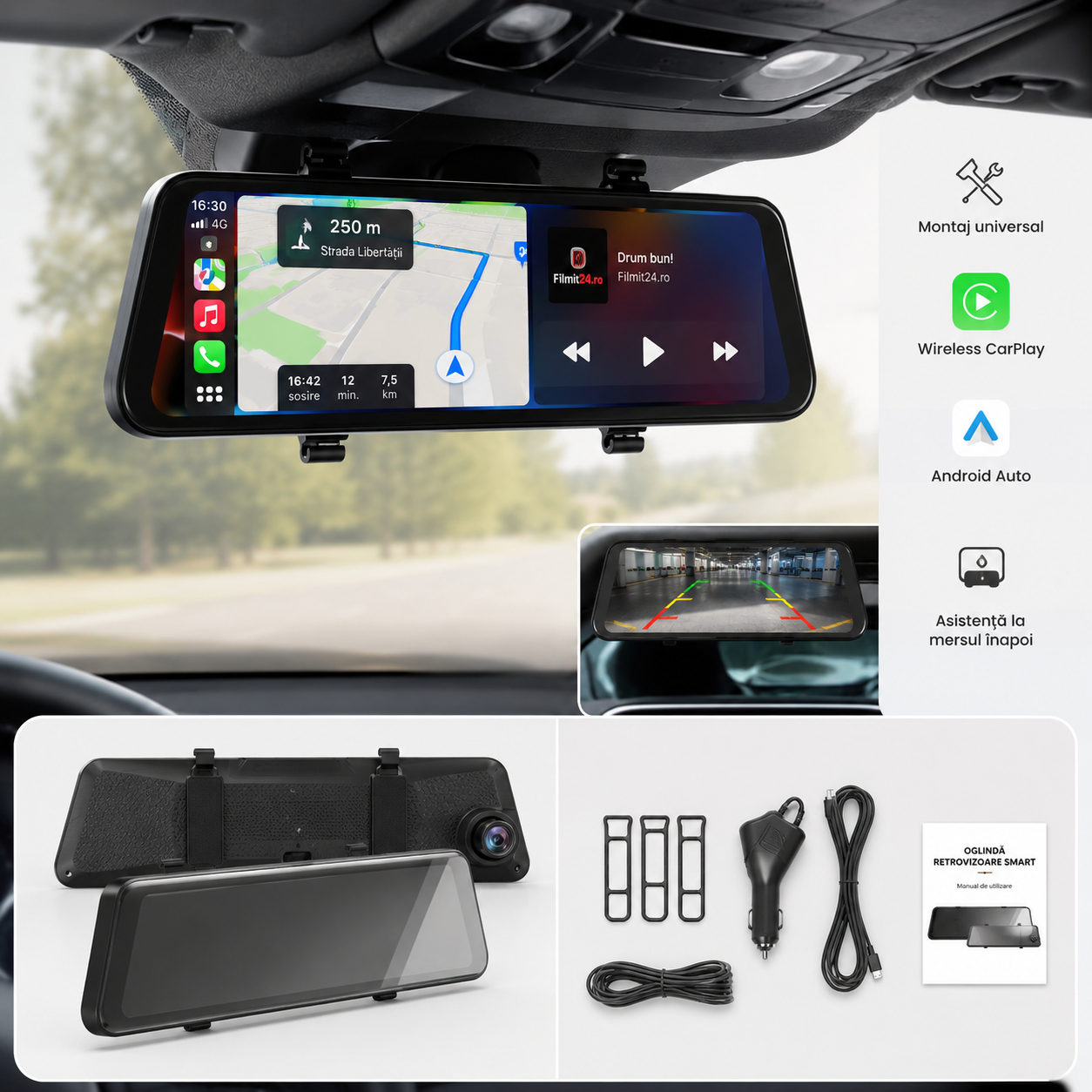 DriveMirror Pro 9.36” – Oglindă Auto Smart cu Wireless CarPlay, Android Auto și Cameră Față-Spate