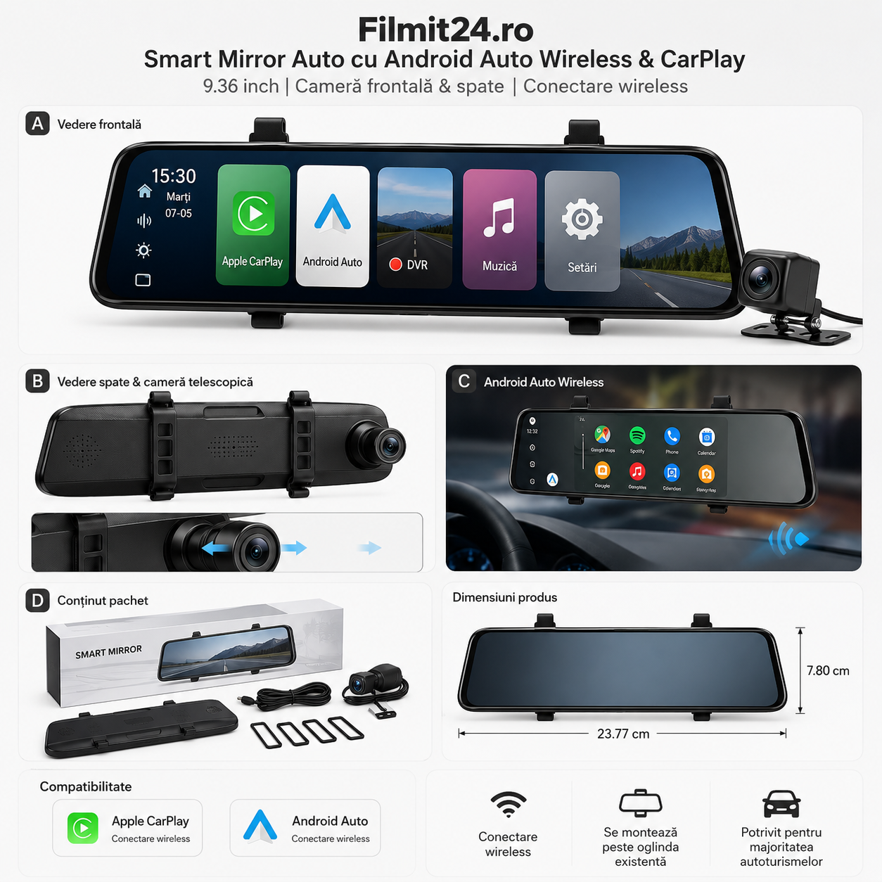 DriveMirror Pro 9.36” – Oglindă Auto Smart cu Wireless CarPlay, Android Auto și Cameră Față-Spate