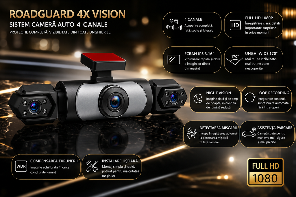RoadGuard 4X Vision – Cameră Auto 4 Canale Full HD+Card 64GB, Ecran IPS, Night Vision, Asistență Parcare + Card 64GB