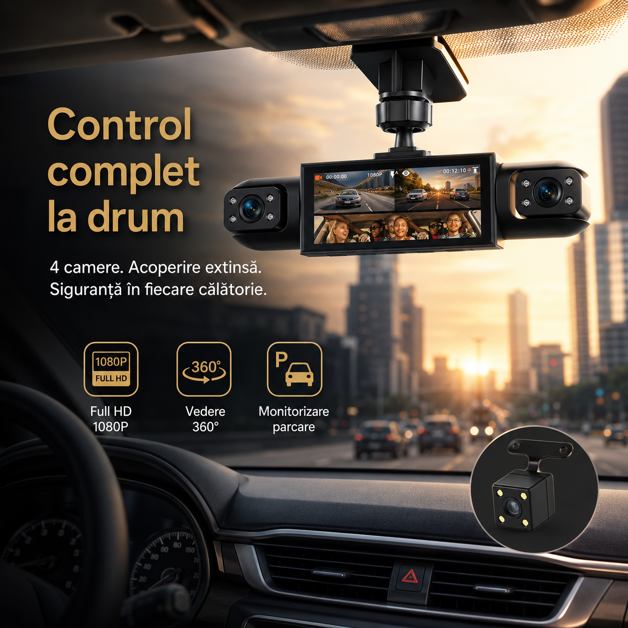 DriveView 360 Pro – Cameră Auto 4 Canale Full HD 1080P cu Vedere Panoramică, Monitor Parcare și Înregistrare în Buclă