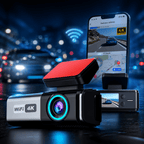 Cameră Auto Duală QOZ, 4K Față + 1080P Spate, Wi-Fi și Aplicație Mobilă, Vedere Nocturnă F2.0, Unghi 140°, Senzor G, Înregistrare în Buclă și Mod Parcare
