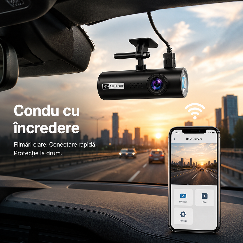 RoadGuard Vision Pro – Cameră Auto Dash Cam Full HD 1080P cu WiFi și Înregistrare în Buclă