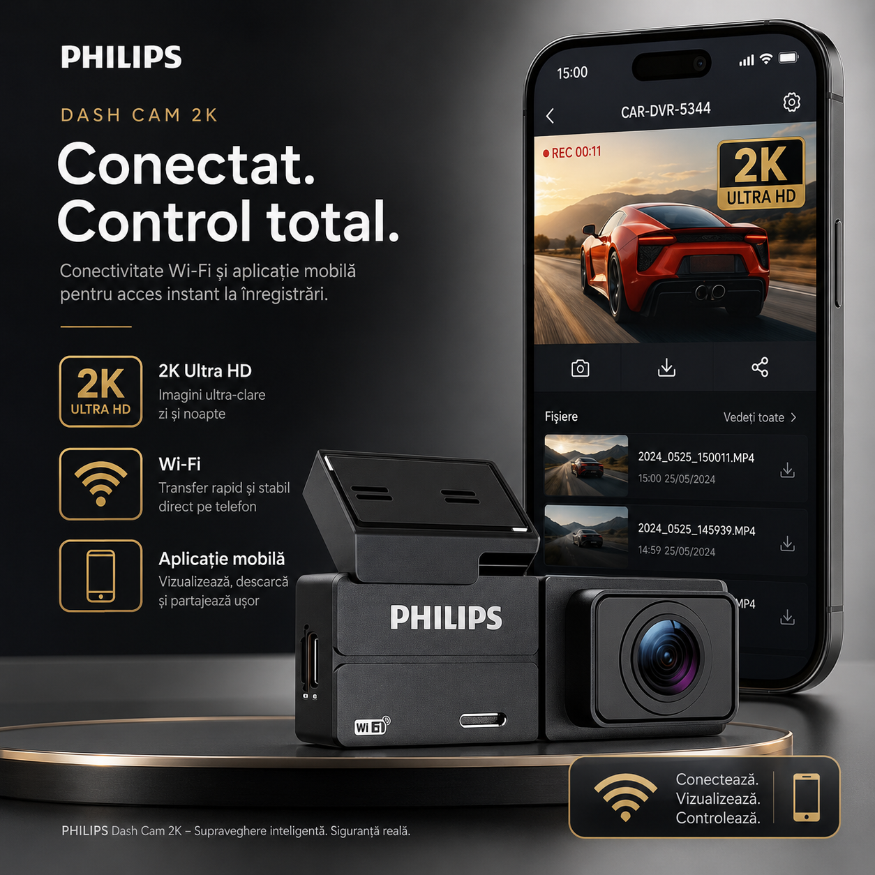 Cameră Auto Philips 2K Ultra HD – Wi-Fi, Aplicație Mobilă și Monitorizare Parcare