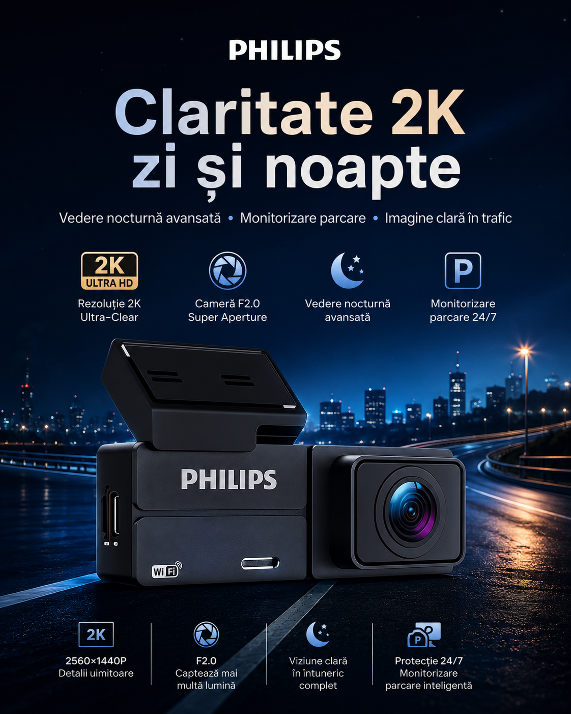 Cameră Auto Philips 2K Ultra HD – Wi-Fi, Aplicație Mobilă și Monitorizare Parcare