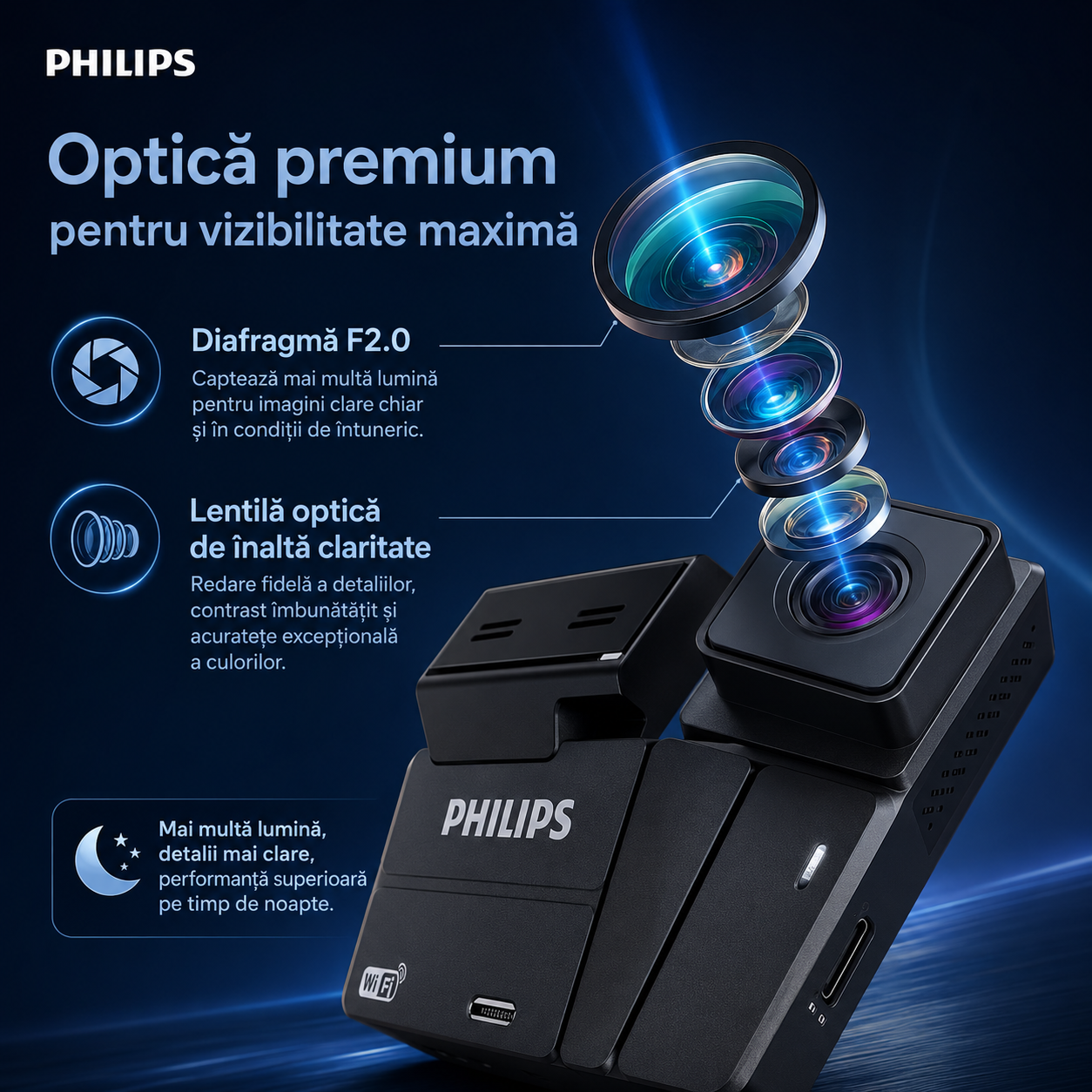 Cameră Auto Philips 2K Ultra HD – Wi-Fi, Aplicație Mobilă și Monitorizare Parcare