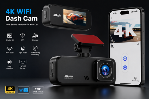 Cameră Auto DVR 4K UHD cu Wi-Fi, Ecran IPS 1,97”, Unghi Larg 170°, Vedere Nocturnă, G-Sensor și Monitorizare Parcare 24H