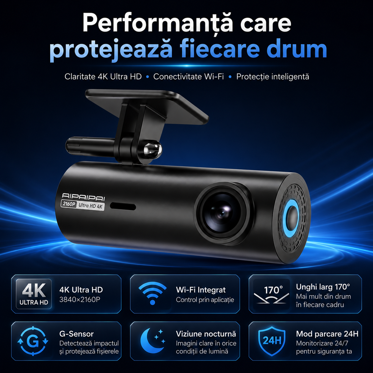 Cameră Auto AIPAIPAI C10 4K UHD, Wi-Fi, Unghi 170°, G-Sensor, Viziune Nocturnă și Mod Parcare 24H