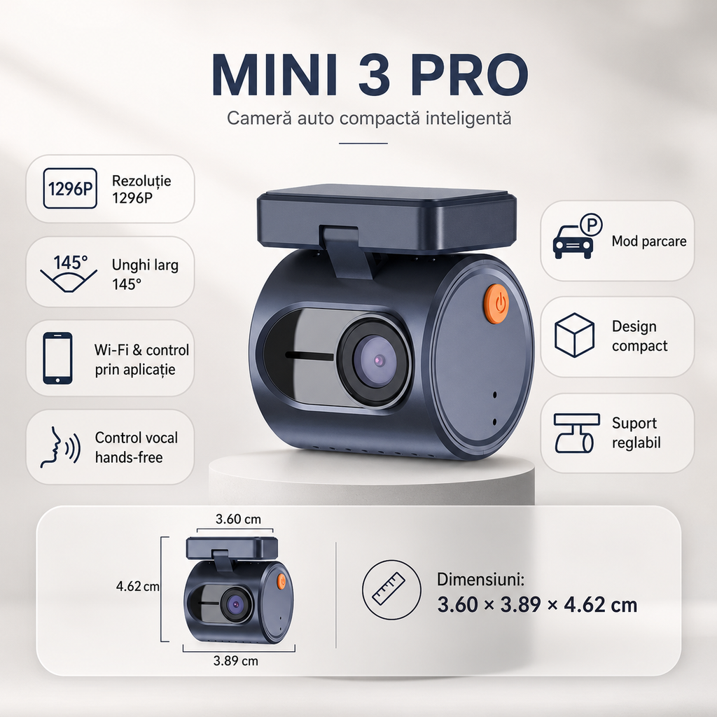 KAWA VisionMini Pro 1296P – Cameră de Bord Compactă cu Ecran, WiFi Integrat, G-Sensor și Unghi 145°