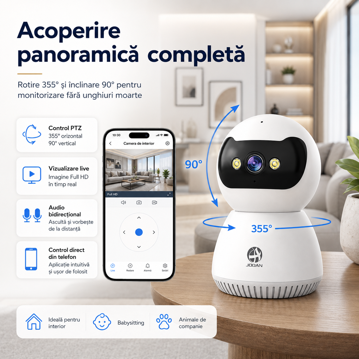 Cameră Smart WiFi pentru Interior 1080P Full HD – Ideală pentru Babysitting, Monitorizare Animale, Vedere Nocturnă Color și Audio Bidirecțional