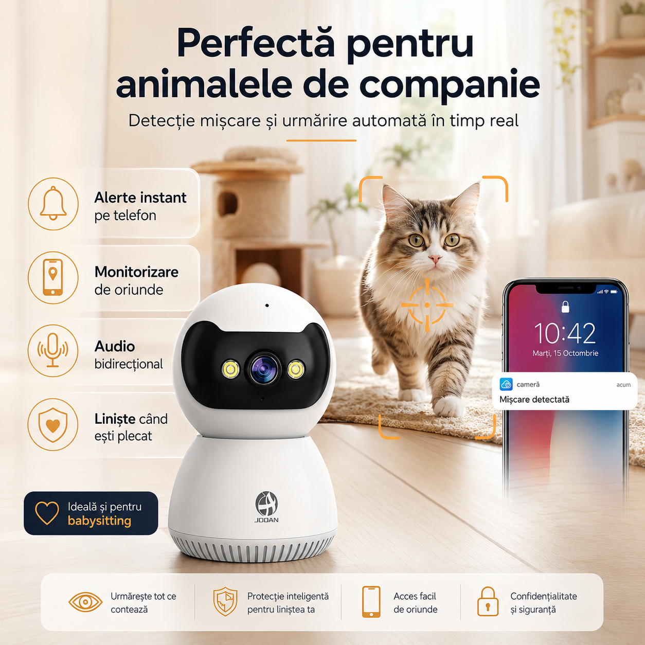 Cameră Smart WiFi pentru Interior 1080P Full HD – Ideală pentru Babysitting, Monitorizare Animale, Vedere Nocturnă Color și Audio Bidirecțional