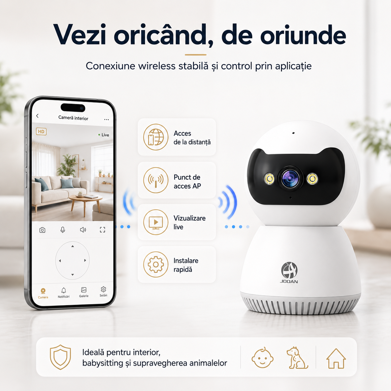 Cameră Smart WiFi pentru Interior 1080P Full HD – Ideală pentru Babysitting, Monitorizare Animale, Vedere Nocturnă Color și Audio Bidirecțional