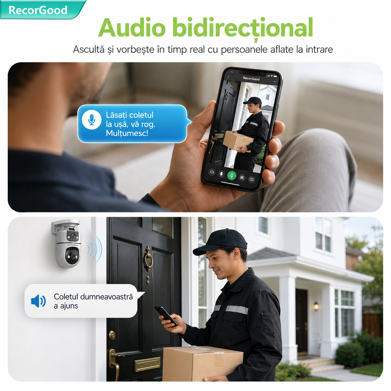 Cameră de Supraveghere Exterior WiFi cu Lentilă Dublă, PTZ 355°, Vedere Nocturnă Color, Detectare Mișcare AI și Audio Bidirecțional