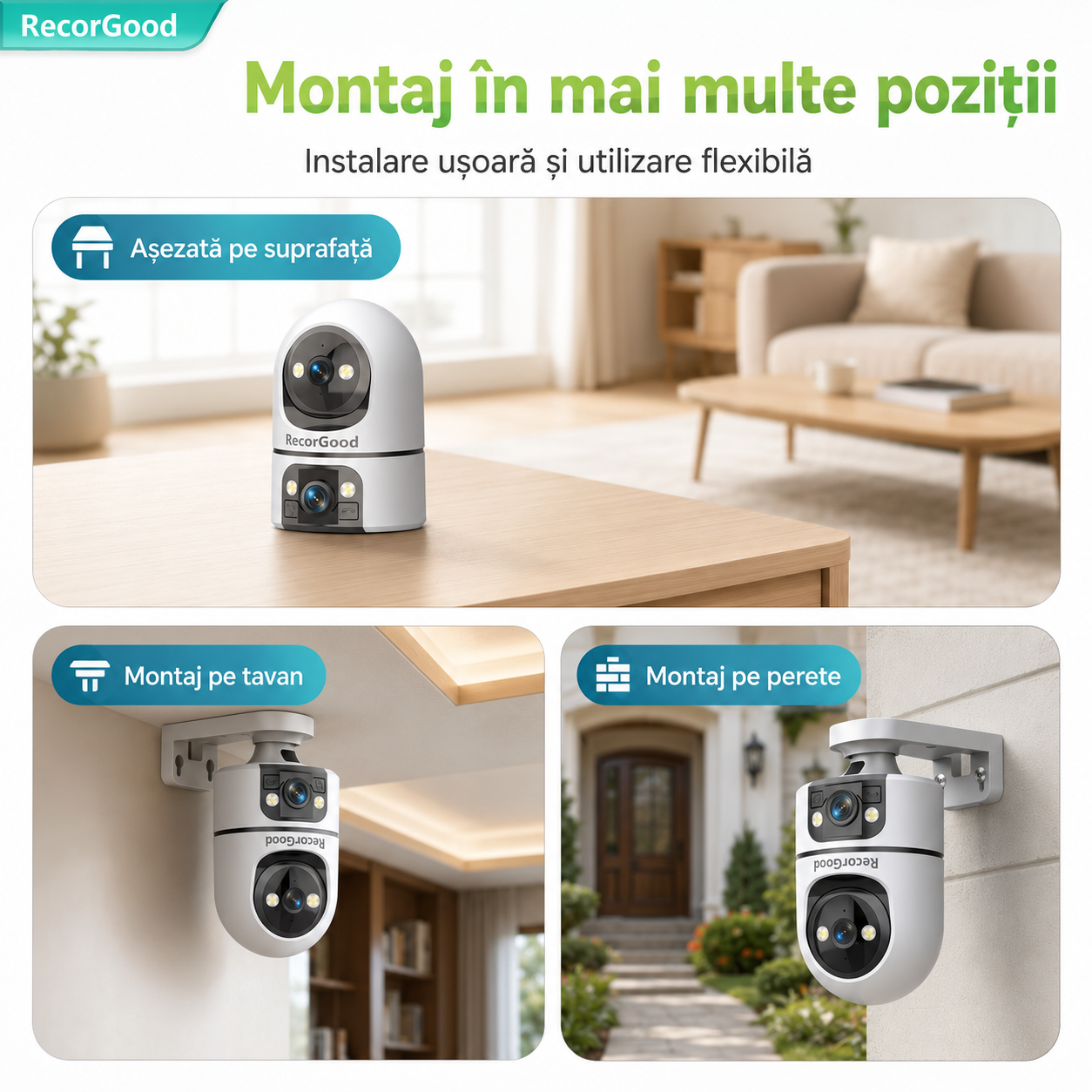 Cameră de Supraveghere Exterior WiFi cu Lentilă Dublă, PTZ 355°, Vedere Nocturnă Color, Detectare Mișcare AI și Audio Bidirecțional