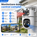 Cameră de Supraveghere Exterior WiFi cu Lentilă Dublă, PTZ 355°, Vedere Nocturnă Color, Detectare Mișcare AI și Audio Bidirecțional