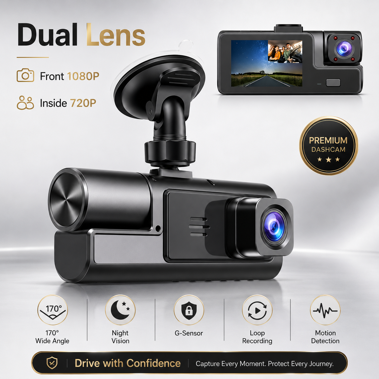 Cameră Auto Premium Dual Lens 1080P + 720P – Monitorizare Parcare 24H, Vedere Nocturnă, G-Sensor și Înregistrare în Buclă