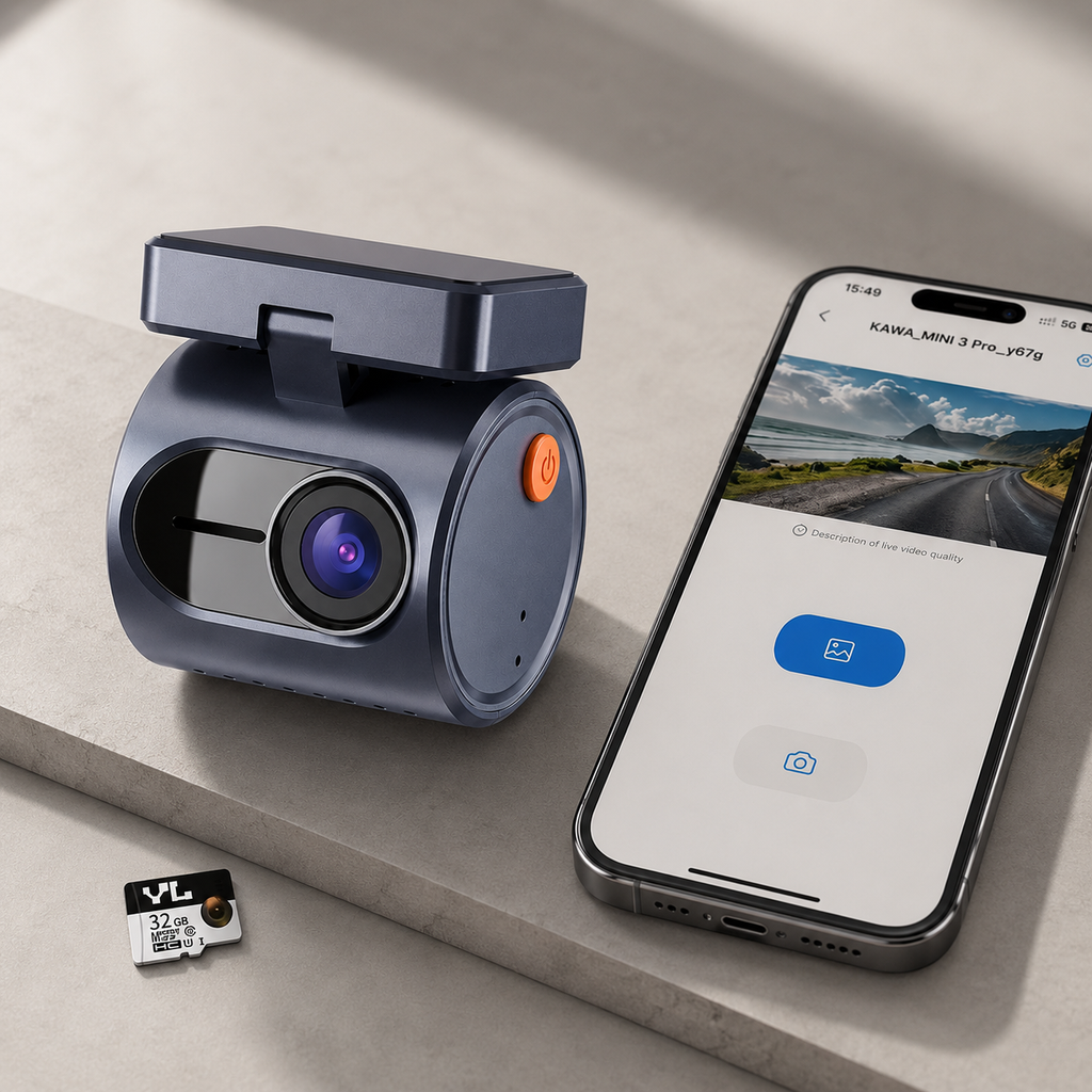 KAWA VisionMini Pro 1296P – Cameră de Bord Compactă cu Ecran, WiFi Integrat, G-Sensor și Unghi 145°