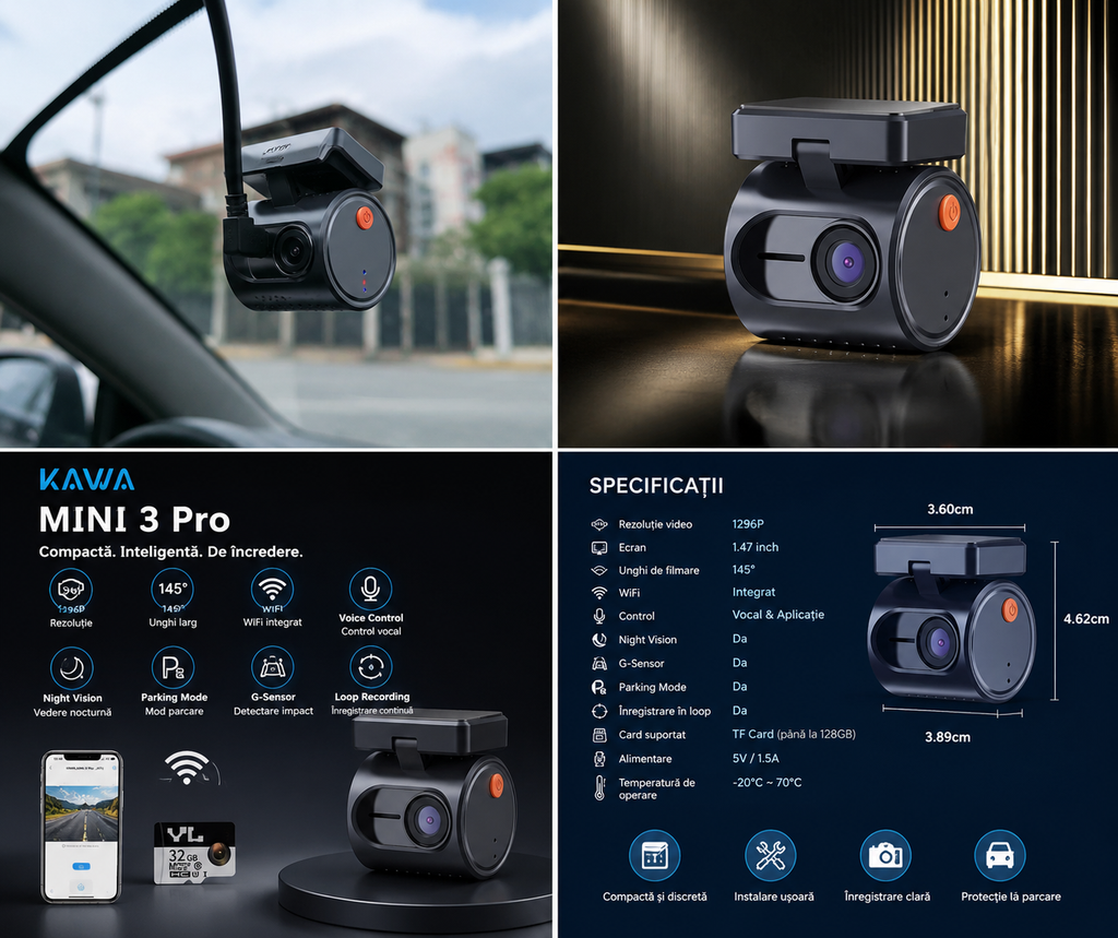 KAWA VisionMini Pro 1296P – Cameră de Bord Compactă cu Ecran, WiFi Integrat, G-Sensor și Unghi 145°