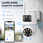 Cameră de Supraveghere Exterior 2K HD cu Lentilă Dublă, WiFi 2.4/5GHz, Rotire Pan-Tilt, Vedere Nocturnă, Detectare Mișcare și Audio Bidirecțional