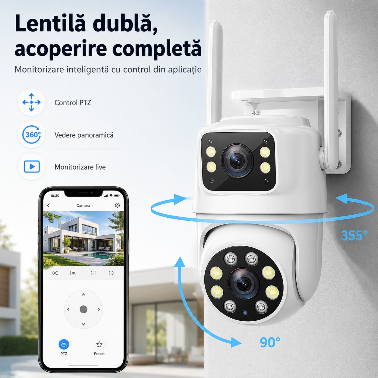 Cameră de Supraveghere Exterior 2K HD cu Lentilă Dublă, WiFi 2.4/5GHz, Rotire Pan-Tilt, Vedere Nocturnă, Detectare Mișcare și Audio Bidirecțional