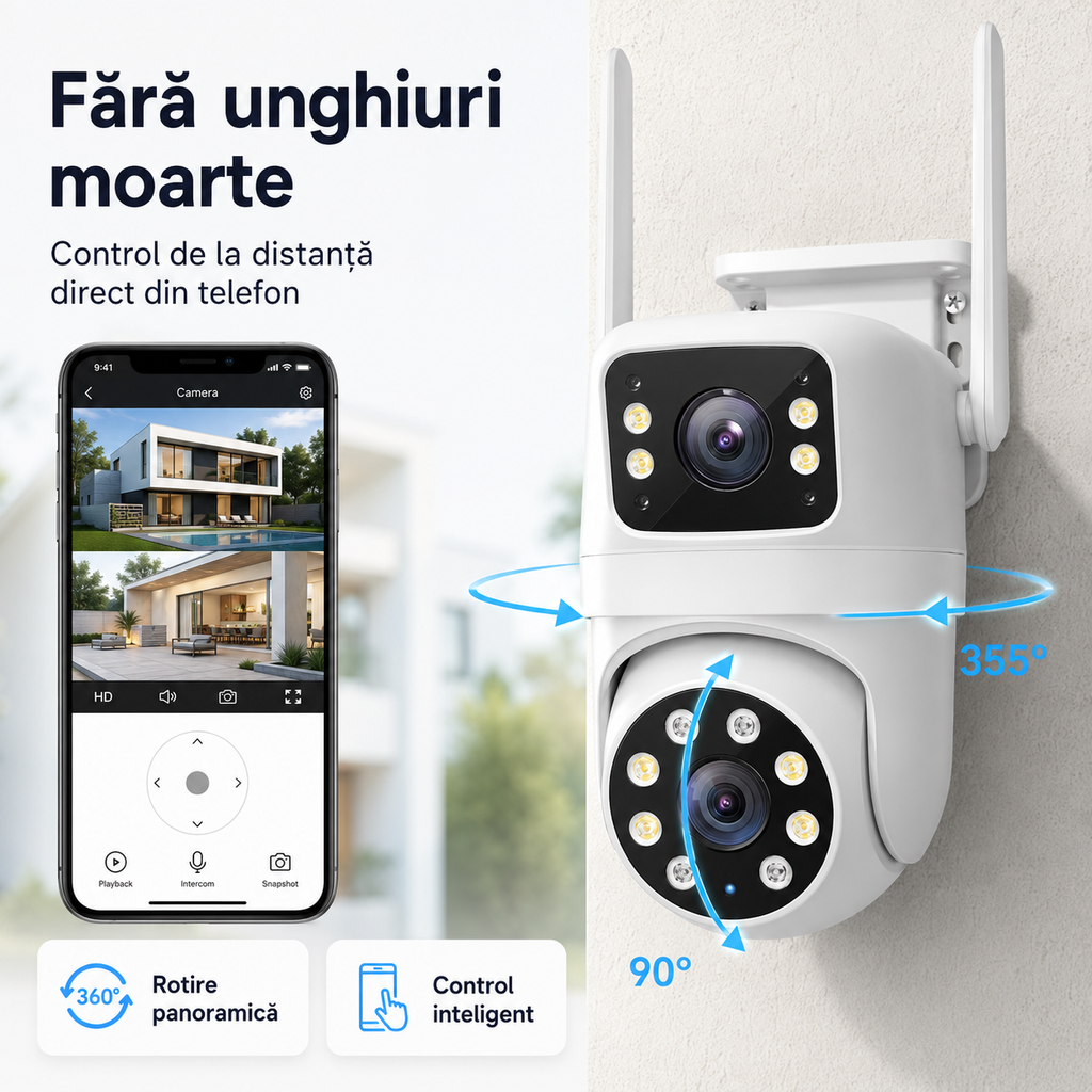 Cameră de Supraveghere Exterior 2K HD cu Lentilă Dublă, WiFi 2.4/5GHz, Rotire Pan-Tilt, Vedere Nocturnă, Detectare Mișcare și Audio Bidirecțional