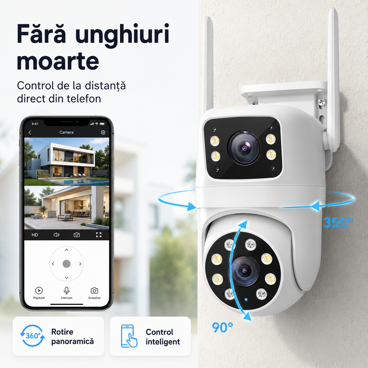 Cameră de Supraveghere Exterior 2K HD cu Lentilă Dublă, WiFi 2.4/5GHz, Rotire Pan-Tilt, Vedere Nocturnă, Detectare Mișcare și Audio Bidirecțional