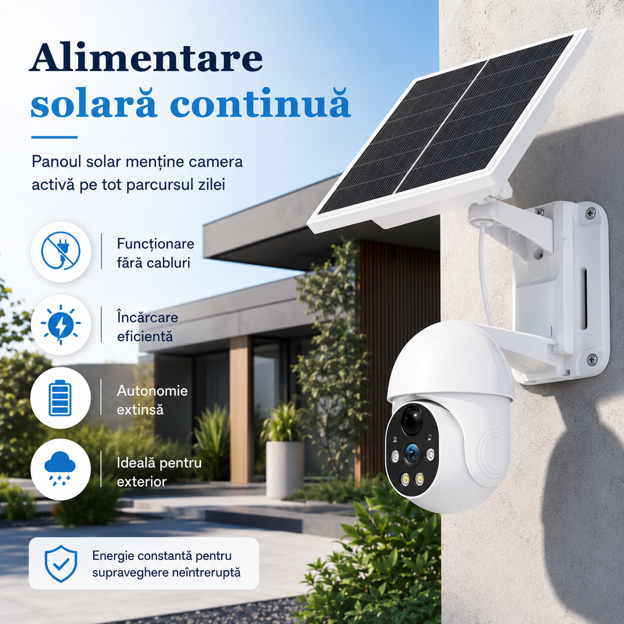 Cameră de Supraveghere Solară WiFi pentru Exterior 1080P HD – Monitorizare Inteligentă, Vedere Nocturnă, Audio Bidirecțional, Detectare Mișcare și Control din Aplicație