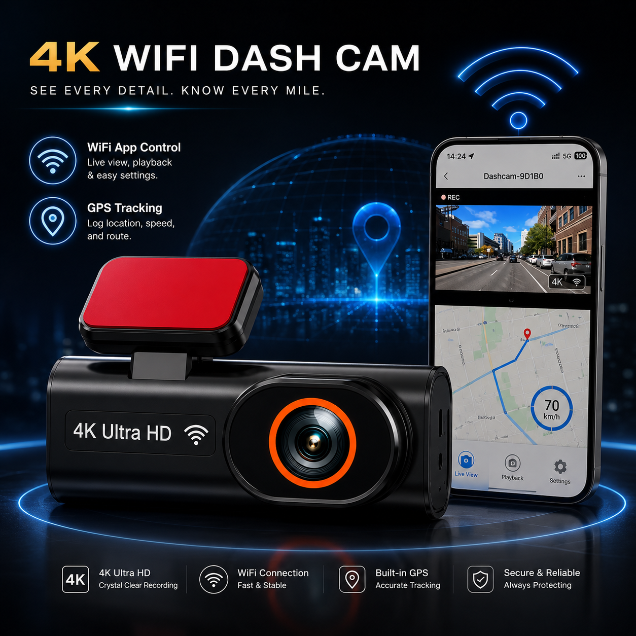 Cameră Auto 4K Ultra HD ProDrive cu WiFi 5.8GHz, GPS Opțional și Monitorizare Parcare 24H
