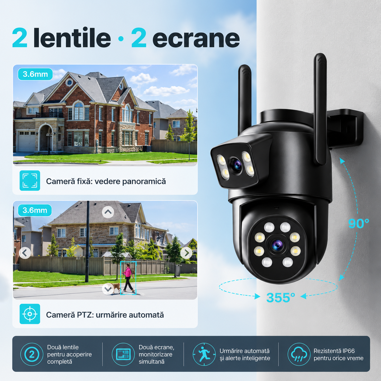 Cameră de Supraveghere Exterior Dual Lens 5G SmartGuard cu AI Detect și Vedere Nocturnă Color